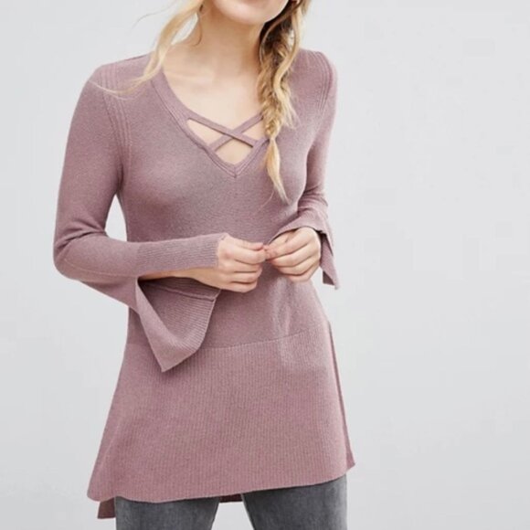 Free People Crisscross Mauve Tunic Sweater Size S Long Sleeve Knit Pullover - Picture 2 of 11